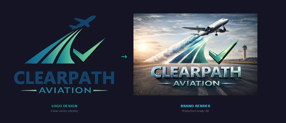 ClearPath Aviation brand identity, vector logo with aircraft and checkmark beside a 3D render on a runway