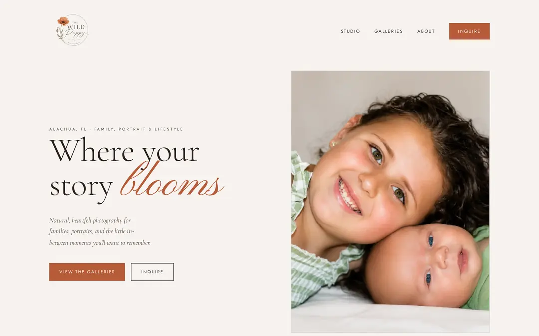 The Wild Poppy Co. website, a family and portrait photography studio in Alachua, Florida